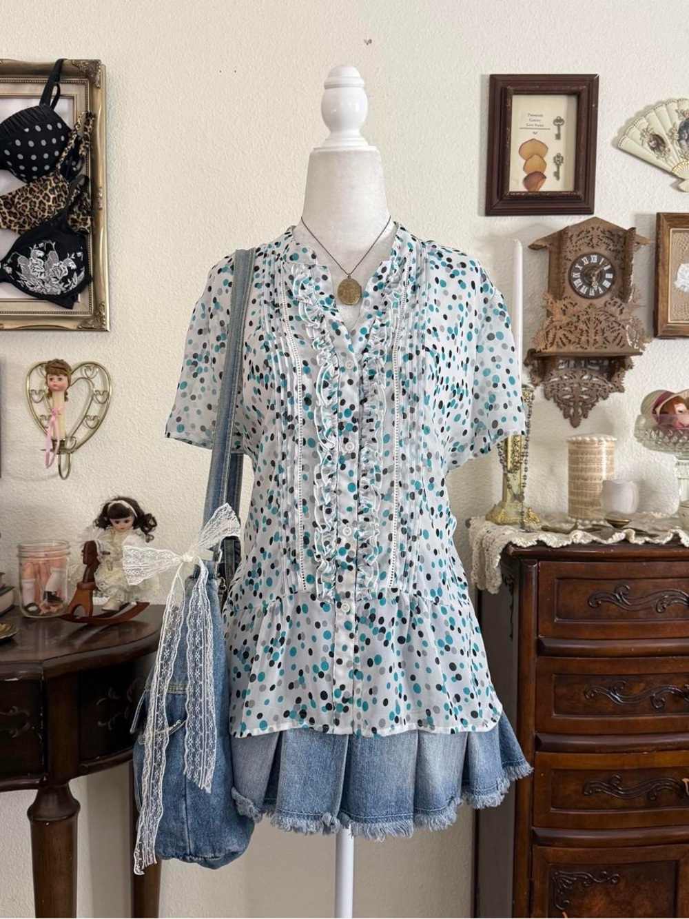 Y2k whimsical twee quirky polkadot ruffled semi sheer blouse